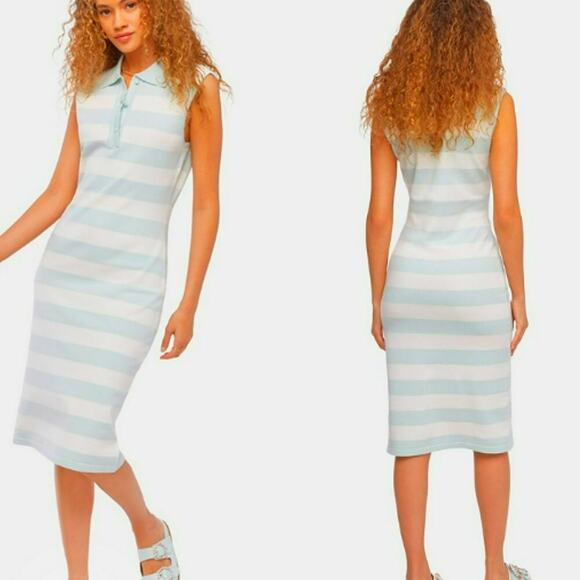 JUST FAB New Striped Sleeveless Knit T Shirt Dress Collared Size M Green White - Picture 2 of 12